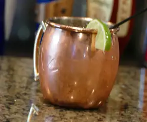 Moscow mule cocktail in a copper mug. 