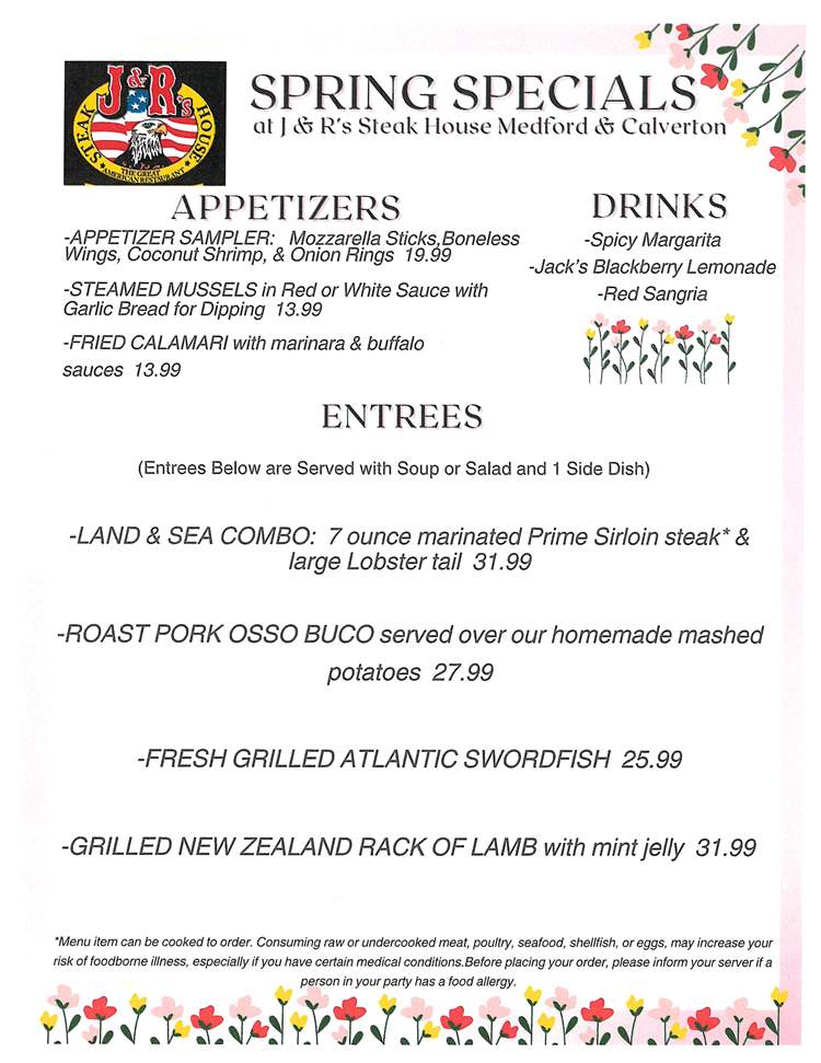 Spring Specials at J&R's Steakhouse in Medford. 